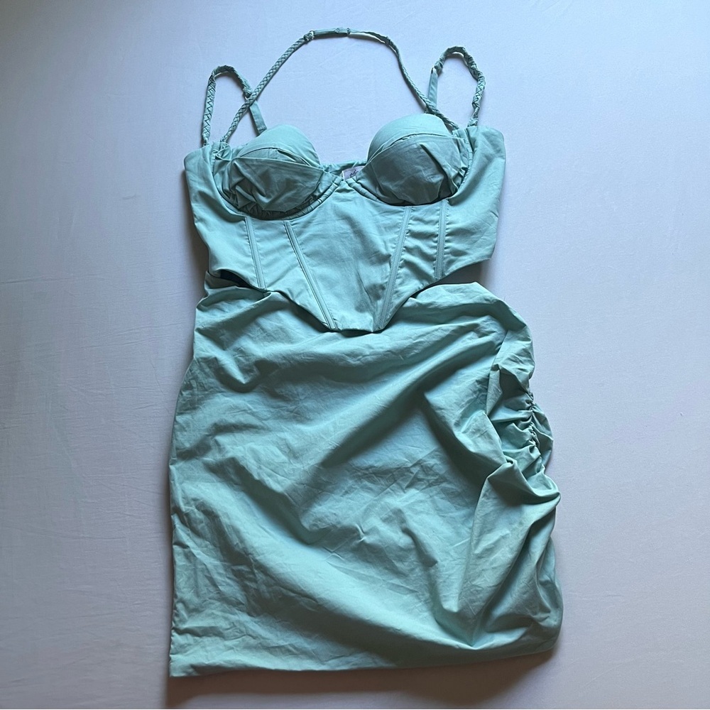 NWT OH POLLY seafoam mint green bustier corset ruched cutout mini dress